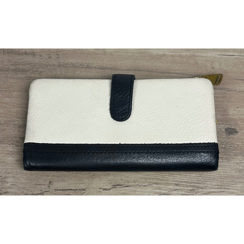 Fossil‎ Lainie Black & White Multifunction Pebbled Leather Zipper Bifold Wallet